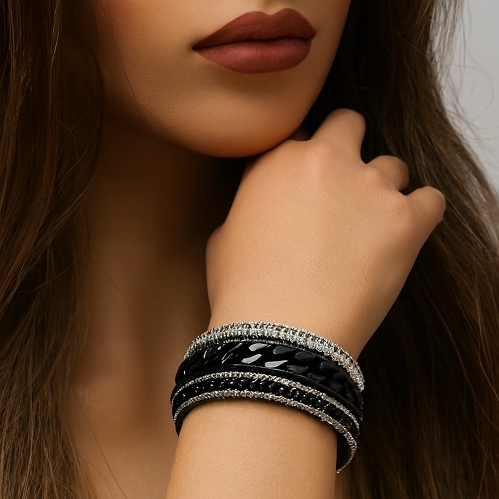 Elegant Black Bracelet Silver & Crystal Accents Magnetic Closure Women's Jewelry